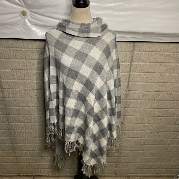 The Limited Sweaters - The Limited Womens Gray Buffalo Plaid Fringe Hem Cowl Neck Poncho Size M/L